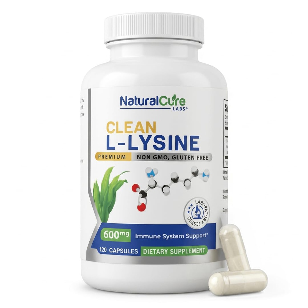 Natural Cure Labs Clean L-Lysine 600mg, 120 kapslit | Vegan, Non-GMO, & Gluteenivaba