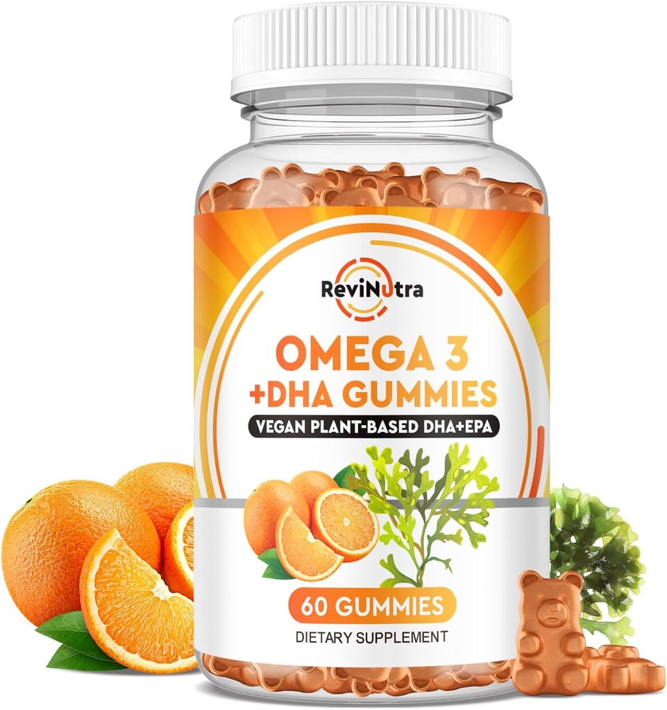 Omega 3 Gummies, Omega 3 kalaõli toidulisandid Alternatiivne EPA & DHA, CoQ10, Folaat, vitamiin A, D3, E, toetab aju, liigese, südame, silma ja immuunsüsteemi funktsiooni Oranž maitse, 60 Gummies
