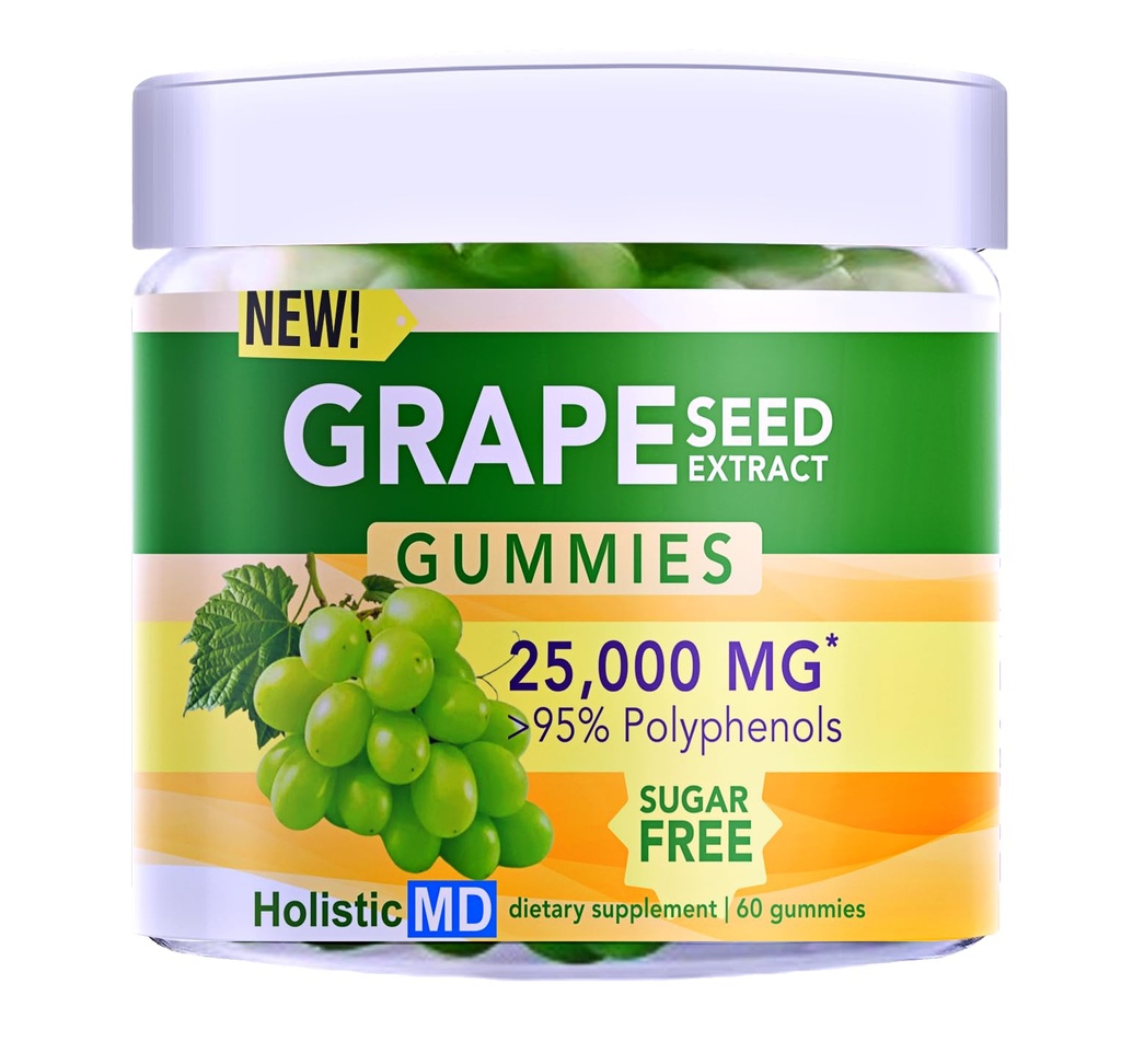 Viinamarjaseemne ekstrakt Kummied | Viinamarjaseemneõli 25 000 mg 50x Originaal | > 95% Polüfenoolid | # 1 Viinamarjaseemnekummid USAs | Suhkruvaba vegan | Viinamarjamaitse 60 ct