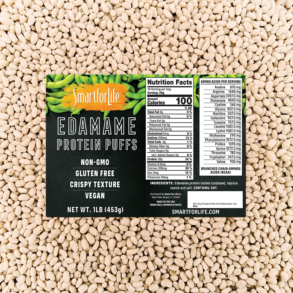 Smart for Life - Edamame Protein Puffs - High Zero Sugar Soy Protein Isolate Puffs 1LB - 20 Grams Snacks - Non-GMO, Gluten-Free, Vegan - 1 Pound Box - 18 Servings