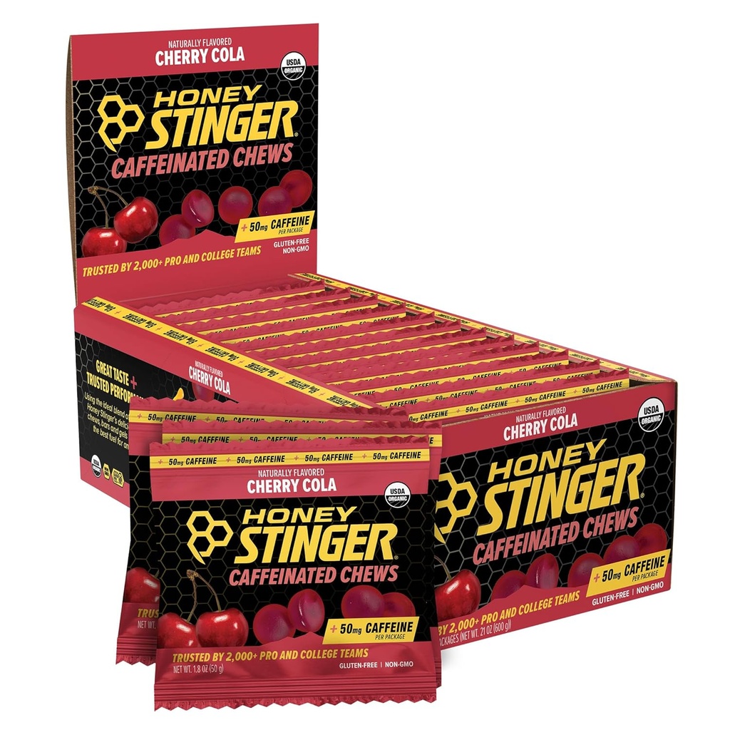 Honey Stinger Cherry Cola Caffeinated Energy Chew, gluteenivaba, kofeiiniga, treeninguks, jooksmiseks ja jõudluseks, spordi toitumine kodus ja jõusaalis, Pre ja keskmine treening, 12 Pack, 23,2 Ounce