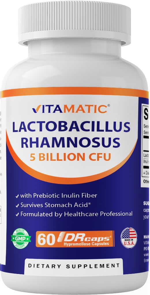 Vitamatic Lactobacillus Rhamnosus 5 miljardit DR-kapsli kohta (10 miljardit 2 kapsli kohta) - 60 loend - täiustatud seedetrakti ja immuunsuse tugi - valmistatud prebiootilise inuliini kiudainega