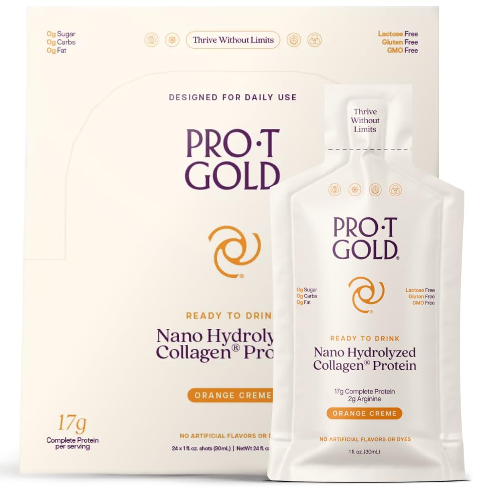 ProT Gold Liquid Collagen Protein Shot, 17 g Clear Protein Nano-Hydrolyzed Grass Fed Collagen, 2 g Arginine haavade toetuseks, Gluteenivaba, suhkruvaba, 0g Süsivesikud, Orange Creme, 1 fl oz, 24 Pack