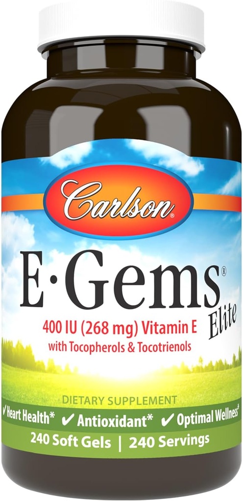 Carlson - E-Gems Elite, 400 IU E-vitamiin koos tokoferoolide ja tokotrienoolidega, E-vitamiini kapslid, südame tervis ja optimaalne heaolu, antioksüdant, E-vitamiini täiendus, 240 Softgels