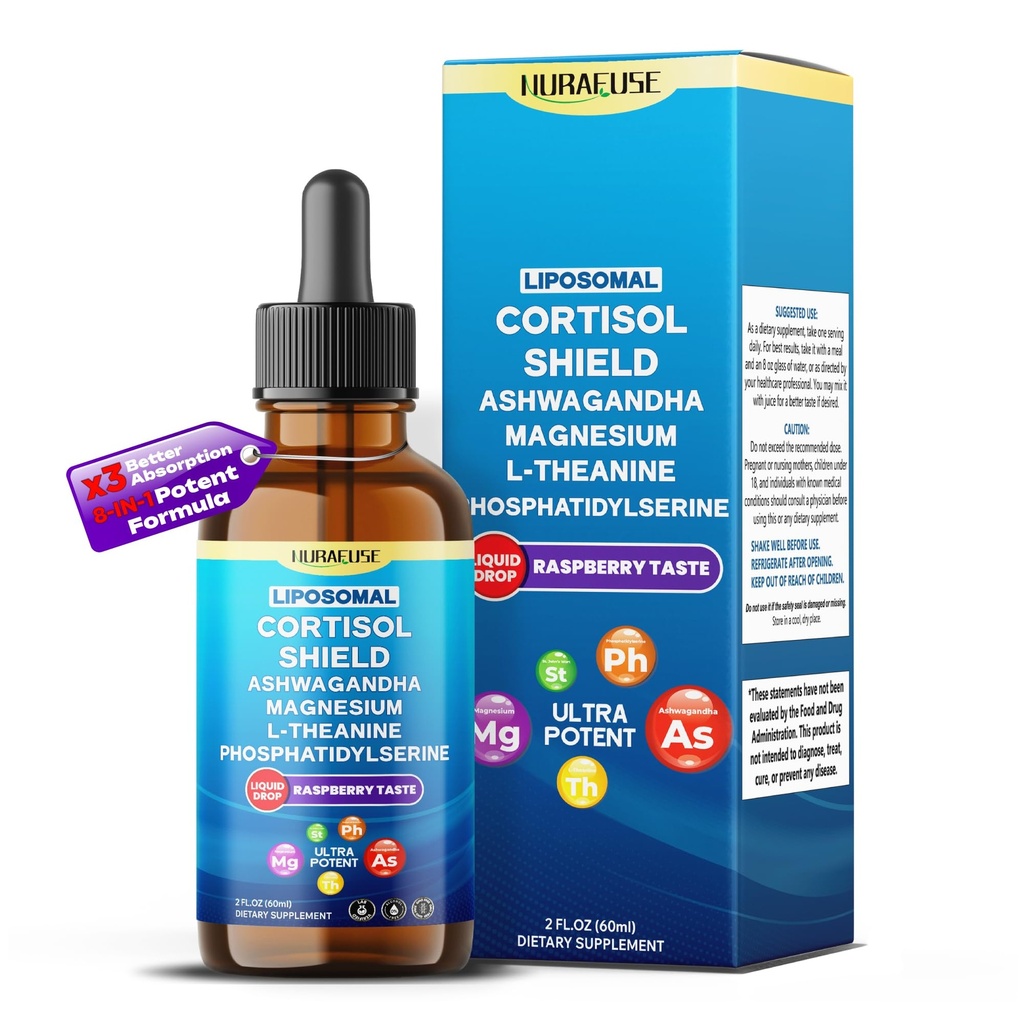 Liposomal Cortisol Shield, Ashwagandha, Magnesium, Theanine, Phosphatidylserine, St Johns Wort Liquid Drops – Ultra Potent, Natural Taste – 2 FL OZ (60ml)