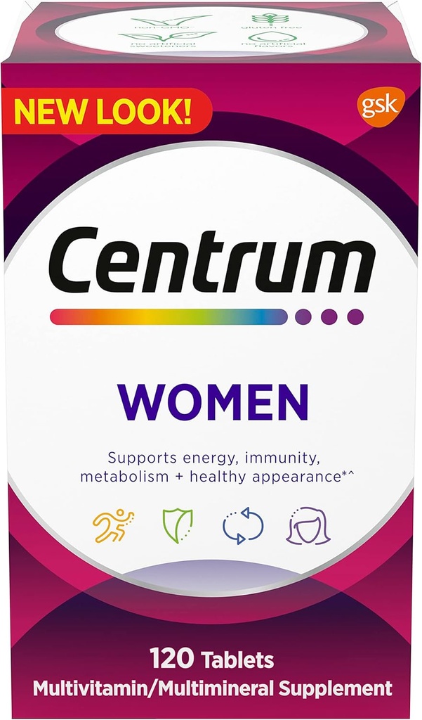 Centrum multivitamiini naistele, multivitamiini / multimineraalne toidulisand raua, D3-vitamiini, B-vitamiinide ja antioksüdantsete vitamiinide C ja E, gluteenivaba, mitte-GMO koostisosad - 120 loend