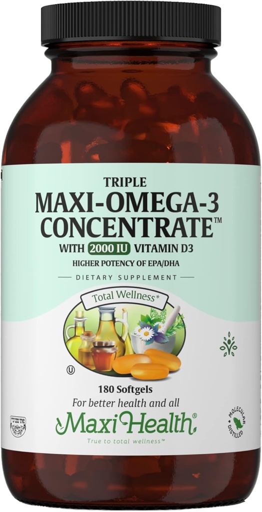 Omega 3 täiendus - Omega-3 kalaõli kolmekordne kontsentraat D3-vitamiiniga - EPA / DHA rasvhapete võimas allikas - süda, aju, ühine tervis - Kosher sertifitseeritud looduslik püütud merekala - 180 Softgels
