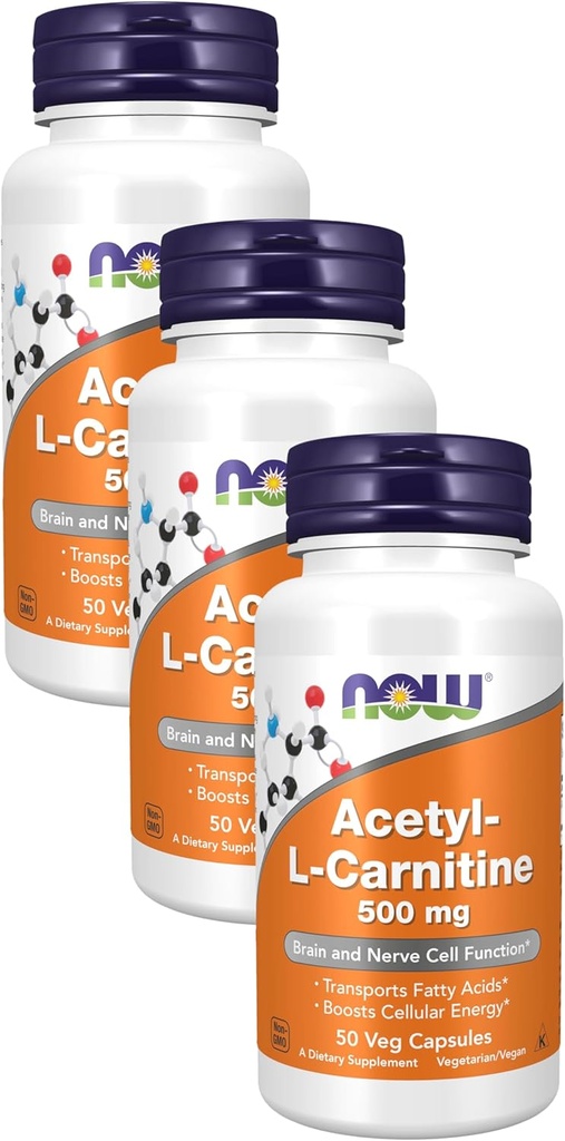 NOW Supplements, Acetyl-L Carnitine 500 mg, Amino Acid, Brain and Nerve Cell Function*, 50 Veg Capsules (Pack of 3)