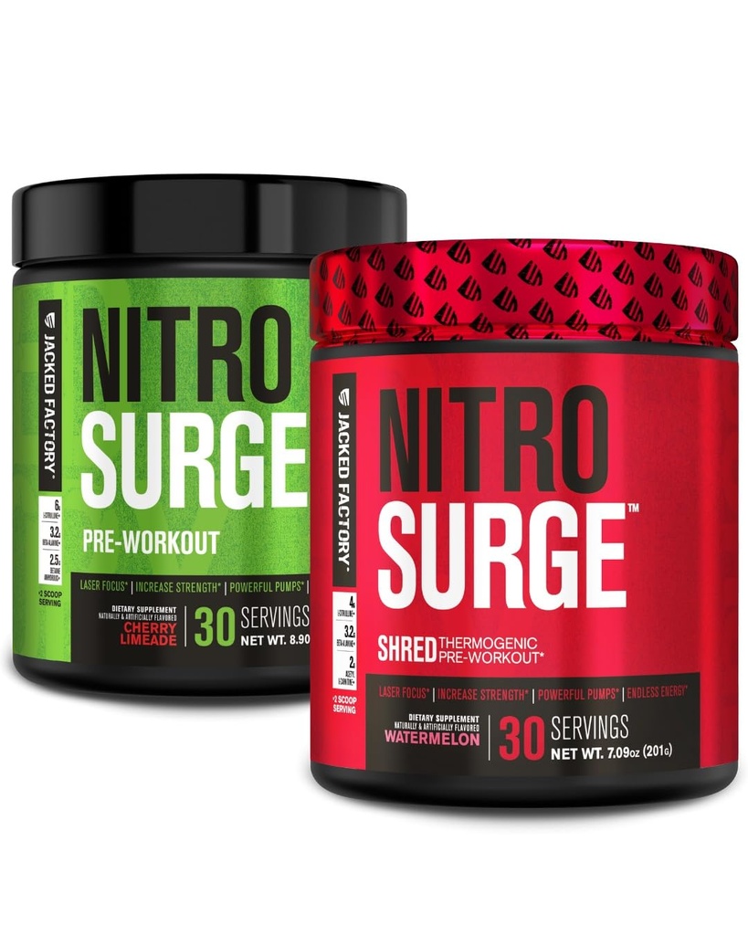 Jacked Factory Nitrosurge Pre-Workout Cherry Limeade & Arbuus Nitrosurge Shred Thermogenic Pre-Workout meestele ja naistele