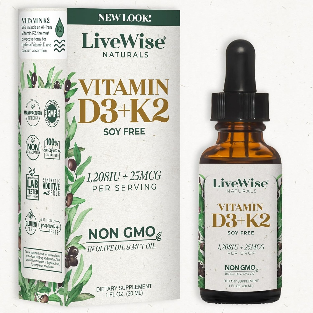 Vitamin D3 with K2 Liquid Drops, All Natural, Non-GMO, 1208iu D3 and 25mcg K2 (mk7) per Serving, Support Your Bones, Immune System and Energy Levels, with or Without Peppermint Oil