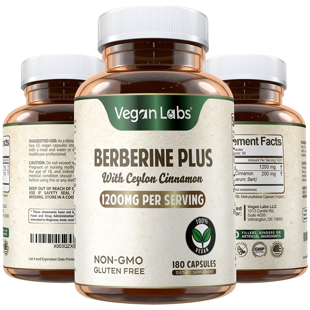 Vegan Labs Berberine HCL 1200MG orgaaniline Ceyloni kaneel - 180 Vegan Kapslid - toetab üldist tervist ja immuunsüsteemi