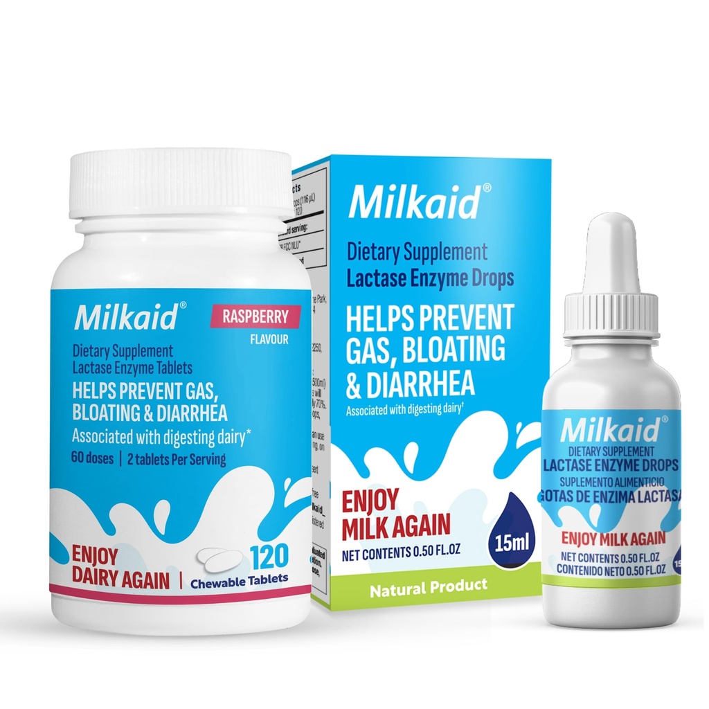 Milkaid Lactase Enzyme pillab laktoositalumatuse leevendamiseks tablette | ennetab gaasi, puhitust ja kõhulahtisust | Piimaseedetrakti täiendus | 0,5 Fl Oz & 120 Vaarikamaitselised tabletid
