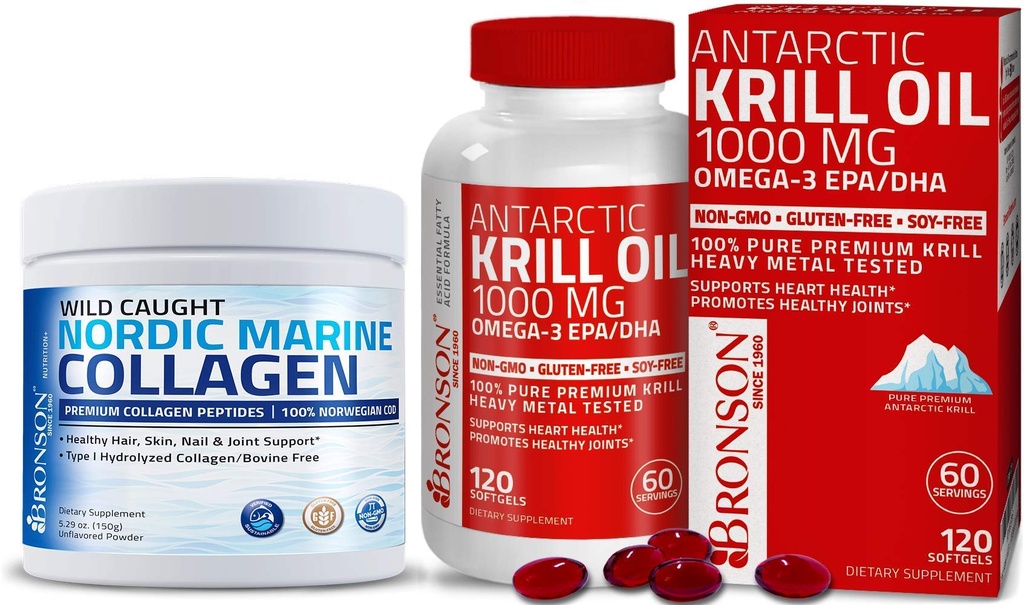 Bronsoni mere kollageenpeptiidid hüdrolüüsitud valgupulber + Antarktika krillist õli 1000 mg oomega-3s EPA DHA-ga