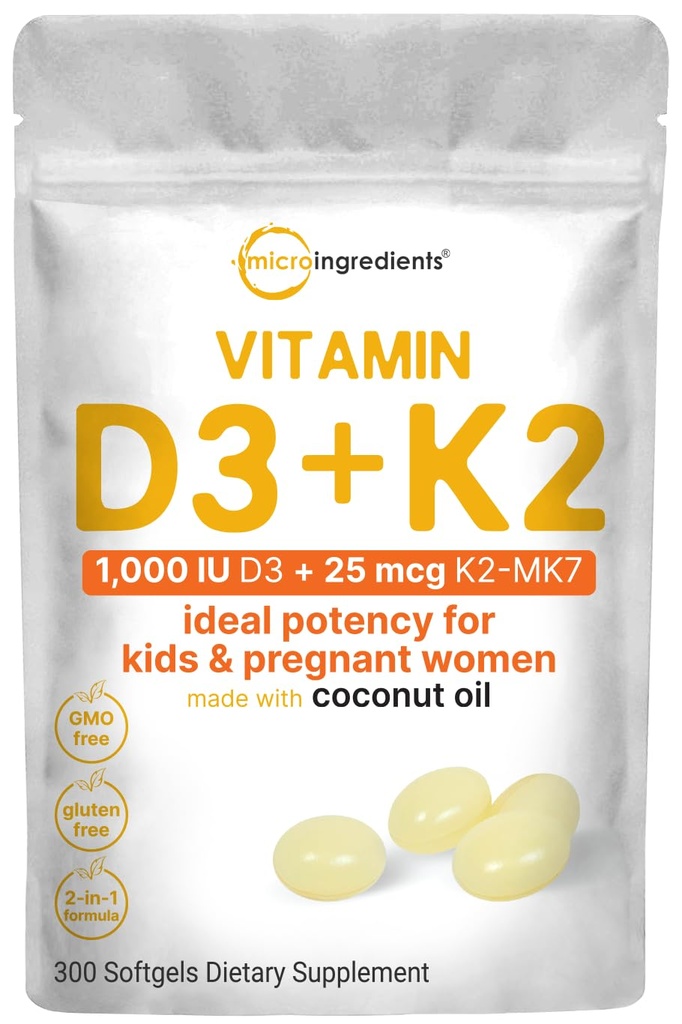 Mikrokoostisosad Vitamiin D3 1000 RÜ + K2 MK-7 25 mcg, 300 softgels | Neitsi kookosõli | 2-in-1 luu, immuun- ja südametoetus | Lihtne neelata, mitte-GMO