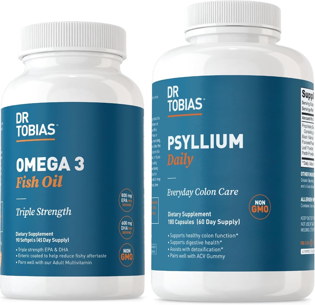 Dr. Tobias Omega 3 Fish Oil & Psyllium Daily Supplements for Heart, Brain & Immune Support, Healthy Bowel Movement Supports with Psyllium Husk Capsules