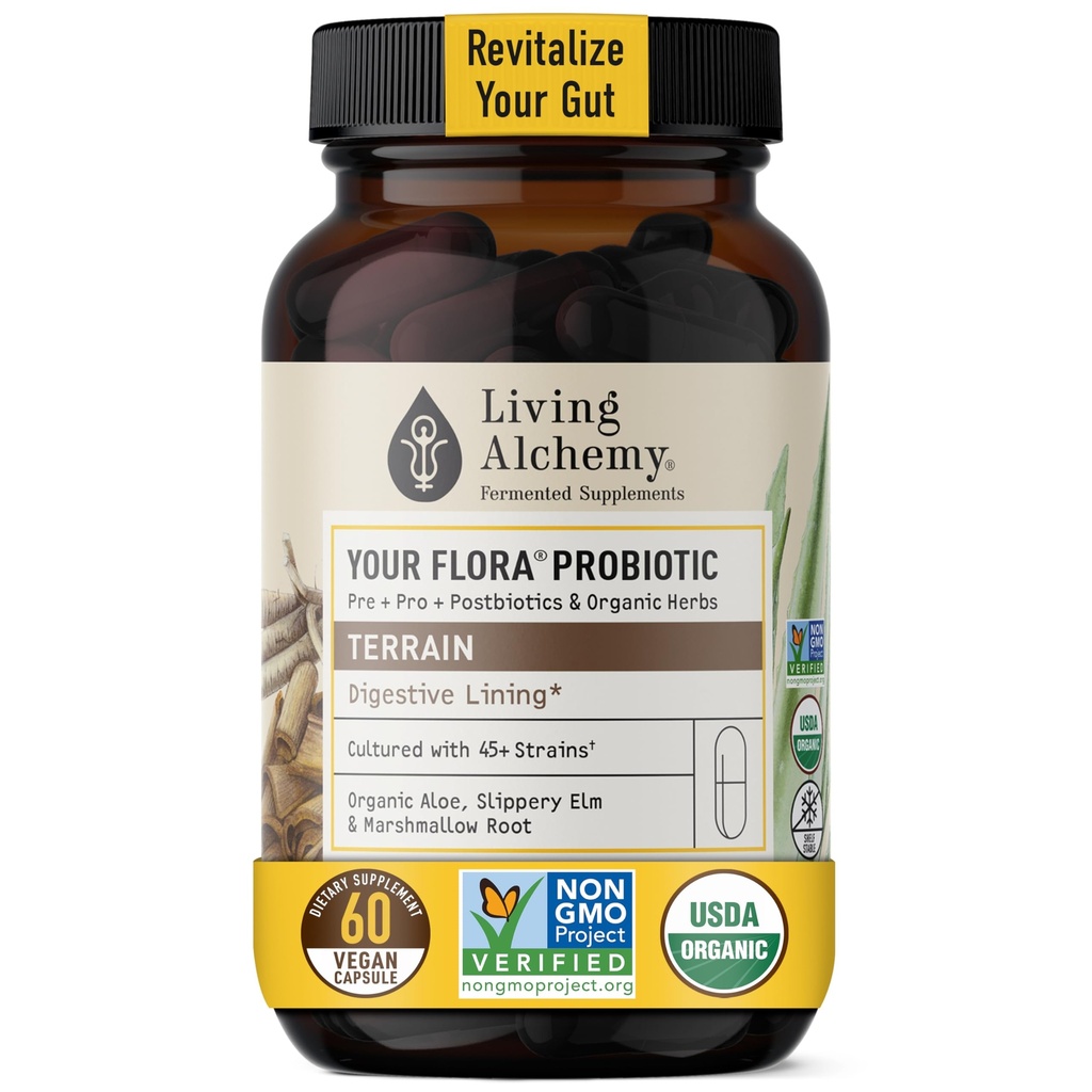 Teie Flora probiootiline maastik - mitte-GMO probiootikumid fermenteeritud sojaoaga, Aloe Vera ja libe Elm soolestiku tasakaalu ja seedimise jaoks - prebiootikumid, postbiootikumid, seedetrakti ensüümid - elav alkeemia, 60 tk