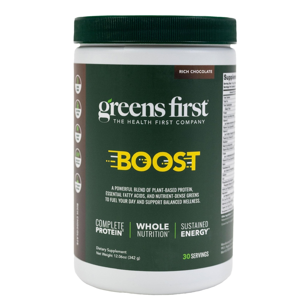 Greens First Boost - Taimepõhine valk ja tasakaalustatud toitumine - Superfood Shake Mix - No Nisu või soja - Piimavaba - Vegan - Hollandi šokolaad, 12.28 oz.