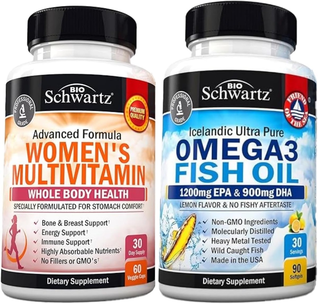 Igapäevane multivitamiin naistele kapslitele (1 kuu pakkumine) pluss kolmekordne tugevus Omega 3 kalaõli softgelid (1 kuu pakkumine)