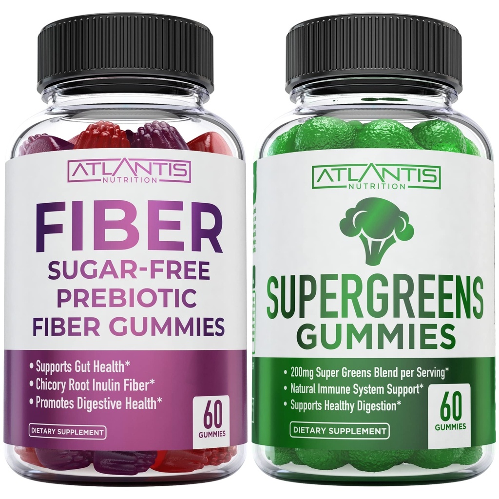 Atlantis Nutrition Sugar Free Prebiootikumid Fiber Gummies täiskasvanutele 2-Pakk (120 Gummies) + Supergreens 60 Gummies