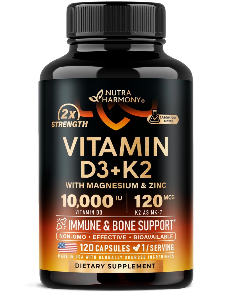 Vitamiin D3 K2 - Vitamiin D3 10000 iu & K2 kui MK-7 120 mcg - Immuunsuse ja meeleolu toetus, luude ja hammaste tervise jaoks - magneesiumi, tsingi ja C-vitamiini & B12 - väga biosaadav - valmistatud USAs, 120 kapslit