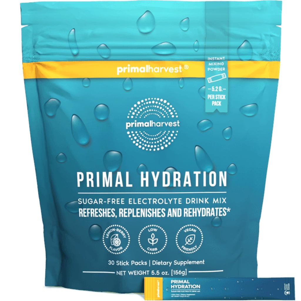 Primal Harvest Elektrolüüdid Pulberpakendid Primaalne hüdraat, Lihtne avatud pakendid, energiajoogi segu (sidrunmarju, 30 pakendit) (1 kott)