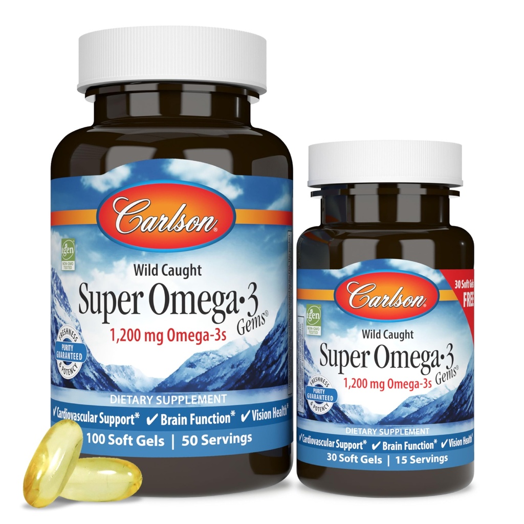 Carlson - Super Omega-3 Gems, 1200 mg Omega-3 rasvhapped EPA ja DHA-ga, looduslikult püütud Norra toidulisand, jätkusuutlikult hangitud kalaõli kapslid, Omega 3 toidulisandid, 100 + 30 Softgels