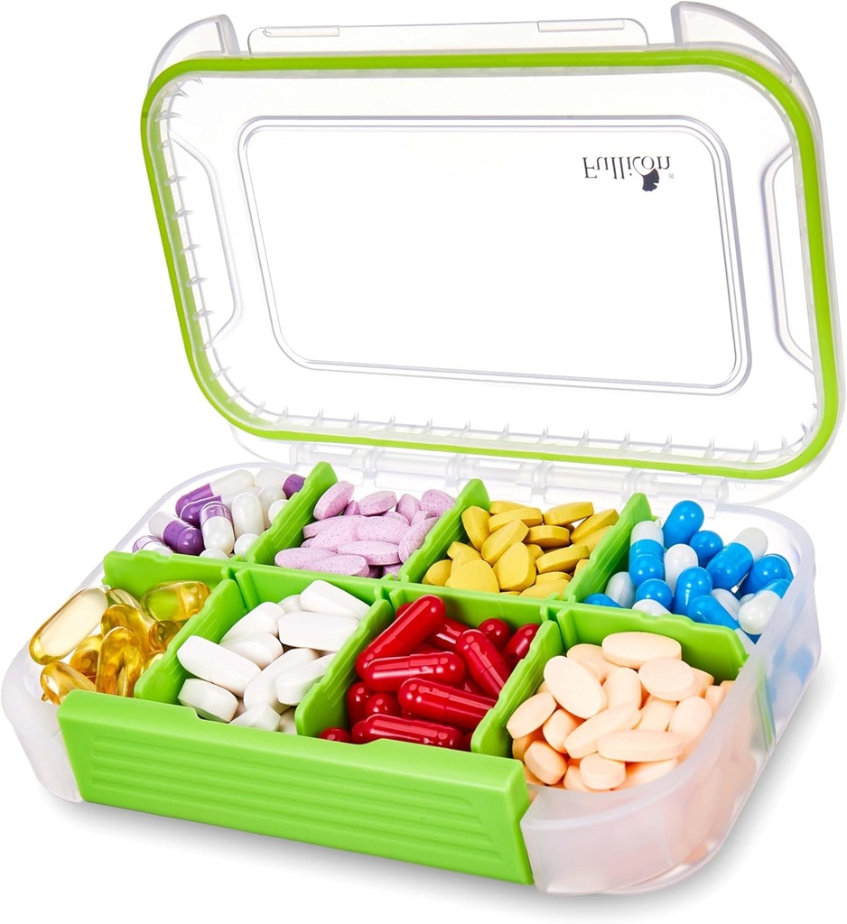 Fullicon Suur Pill Korraldaja 8 koosseisuga, Niiskus Tõestatud Reisi Pill Karp Eemaldatava Jagajaga, Igapäevane Pill Konteiner Lables, Pill Case Vitamiin, Kalaõli, täiendus (Selge Roheline)