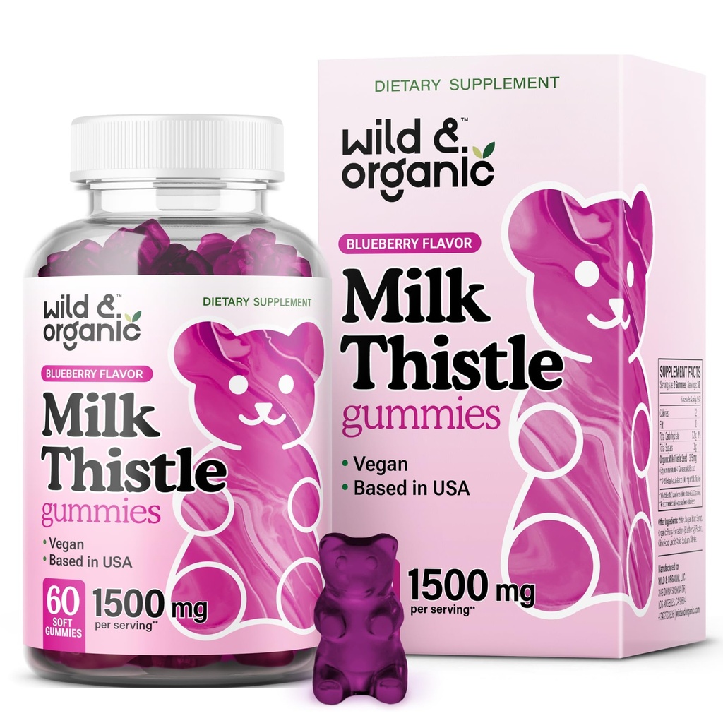 Wild & Organic Milk Thistle Gummies 1500 mg - Piimaohakalisandi Maksa puhastamiseks Detox - Silimariini Maksa Detox Gummies - 30 päeva pakkumine - 60 vegan, mitte-GMO närimist