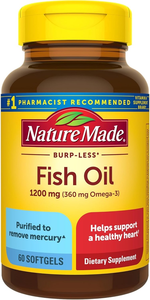 Loodus Made Burp Vähem kalaõli Omega 3 toidulisandeid, 1200 mg Softgels, EPA DHA Omega 3 kalaõli toidulisandeid tervisliku südame toetamiseks, 60 Softgels, 30 päeva pakkumine