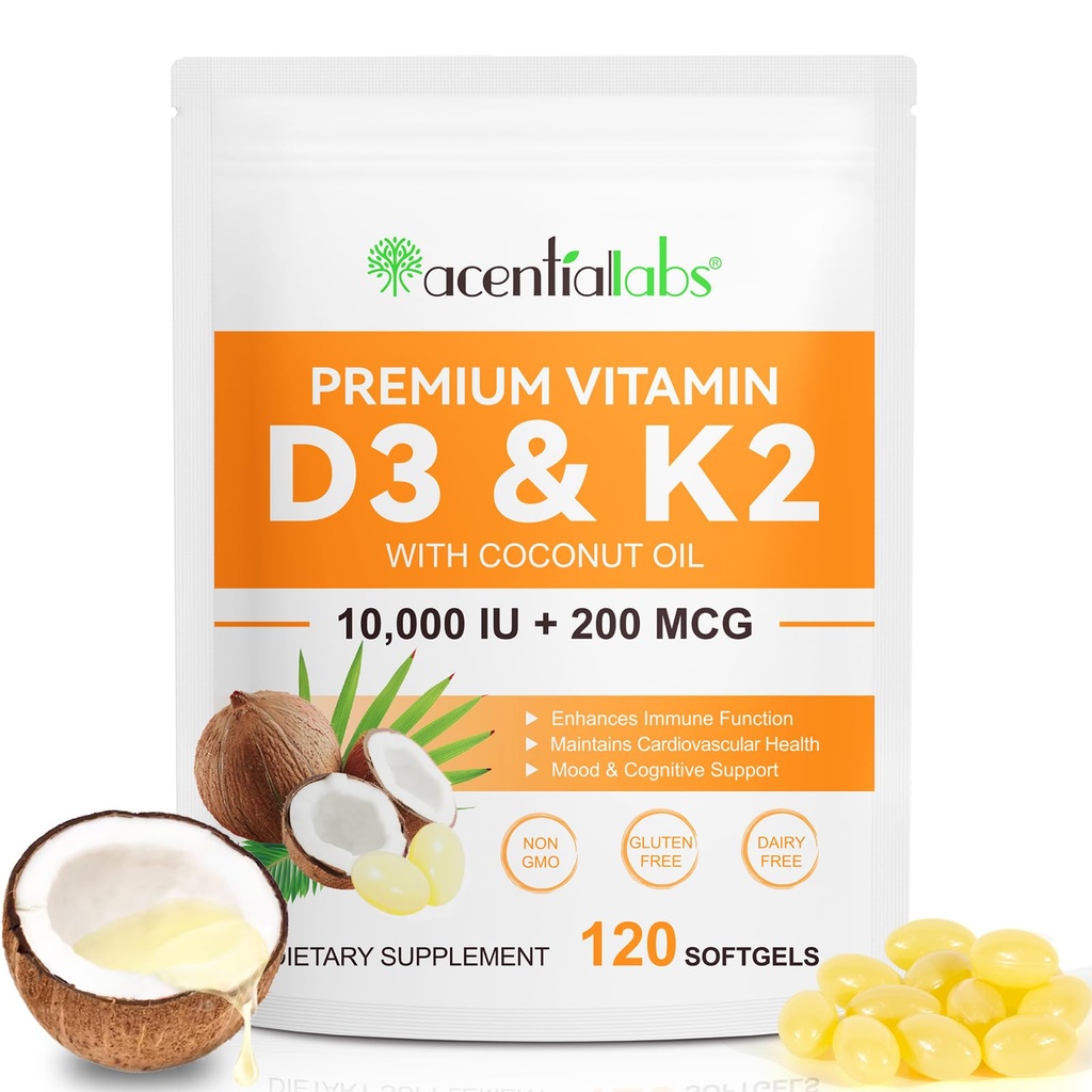Vitamiin D3 K2 Täiendus Softgels, 10000 IU VIT D3 + 200 MCG K2 (MK-7) | 2-in-1 Replenish valem kookosõli, toetab kaltsiumi imendumist, lihtne neelata 120 kapslit.