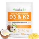 Vitamiin D3 K2 Täiendus Softgels, 10000 IU VIT D3 + 200 MCG K2 (MK-7) | 2-in-1 Replenish valem kookosõli, toetab kaltsiumi imendumist, lihtne neelata 120 kapslit.