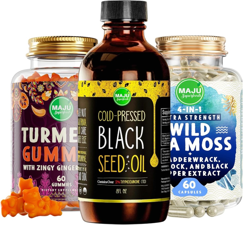 Maju Superfoods Black Seed Oil, 4-in-1 Sea Moss Kapslid ja Kurkumiini Kurkumiini Ginger Gummies Bundle