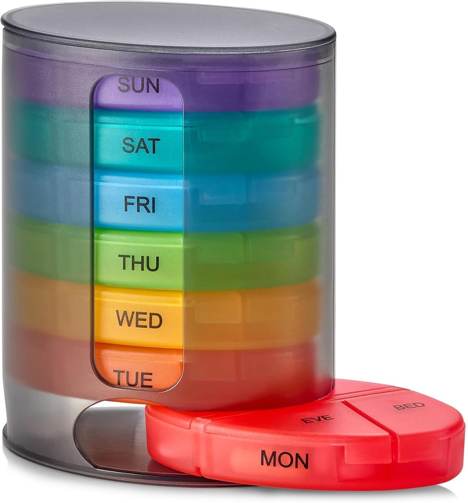 MEDca Weekly Pill Organizer, 1 Dispenser, 7 virnastatavat mitmevärvilist komponenti neli korda päevas - hommik, keskpäev, õhtu ja magamaminekuaeg, must