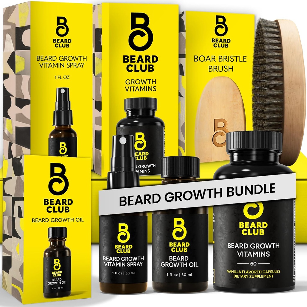 Beard Club Premium Beard Growth Kit - Kasvuõli, vitamiinid, Vitamiin Spray & Boar Bristle Brush - Kingikomplekt