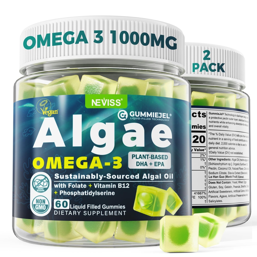 2 Pack Vetikad Omega 3 Gummies 1000mg, Taimne DHA 460mg & EPA 230mg, Omega 3 Kalaõli Alternatiivne täiskasvanutele, Plus MetüülFolate, Vitamiin B12, fosfatidüülseriin, No Fishy Maste, Vegan, Sugar Free