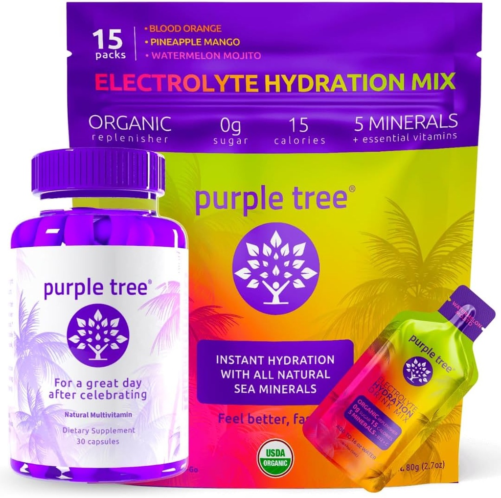 Lilla puu Pidustustejärgne heaolu + Hüdratsioon Elektrolüütide paketid | Orgaaniline rehüdratsioon, õnnelik maks | 30ct pudel + 15 Hüdratsioonipulgad vee jaoks