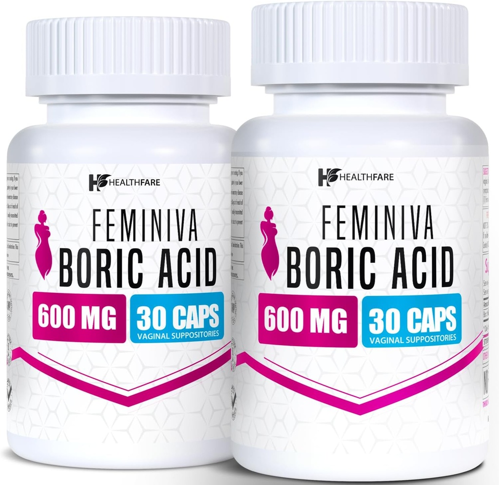 Tervis Feminiva Boric Acid Suposiidid | 2-Pack | 30 Vaginal Suposiidid Iga | 600mg | 100% puhas | Valmistatud USA-s