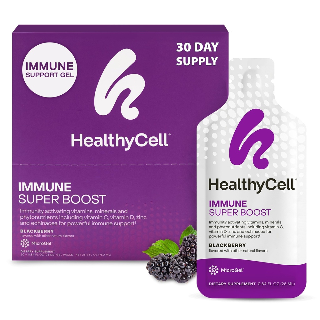 Healthycell Immune Super Boost Daily Vedel Supplement - Immune Support Supplement täiskasvanutele Echinacea, Elderberry, C-vitamiin, D-vitamiin, Kaltsium ja tsink - 30 Gel Packs