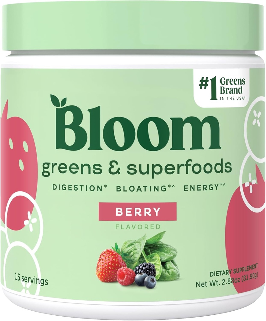 Bloom Nutrition Superfood Greens Powder, Seedeensüümid w / Probiootikumid ja prebiootikumid, Soolestiku Tervis, Bloating Relief Naistele, Chlorella, 15 SVG (15 Servings (pakk 1), Berry)