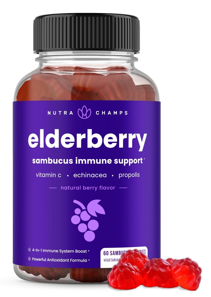 NutraChamps Elderberry Gummies koos C-vitamiini, Propolis & Echinacea - Immuunsüsteemi tugi Kummi vitamiinid täiskasvanutele ja lastele - Max Tugevus 200mg Sambucus Antioksüdant