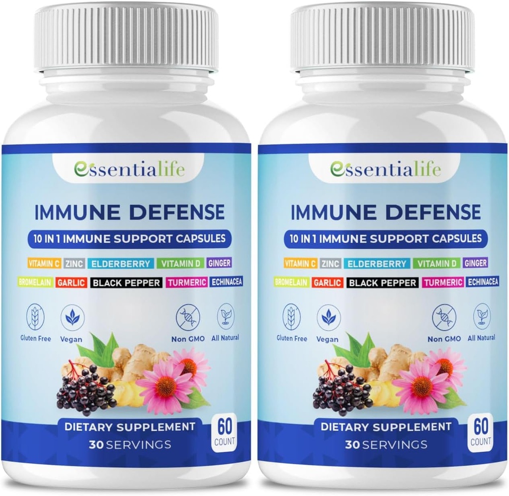 Immuunsüsteemi tugilisa - 2 pakendit 10-st 1-st Elderberry, Echinacea, D-vitamiin, C-vitamiin 1000mg ja tsink-lisand - täiskasvanutele mõeldud immuunvõimendiga - 120 vitamiinikapslid