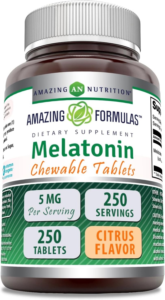 Hämmastav valem Melatoniini närimistable Supplement | 5 Mg per Serving | 250 tabletti | Non-GMO | Gluteenivaba | Valmistatud USAs (Citrus Flavor)