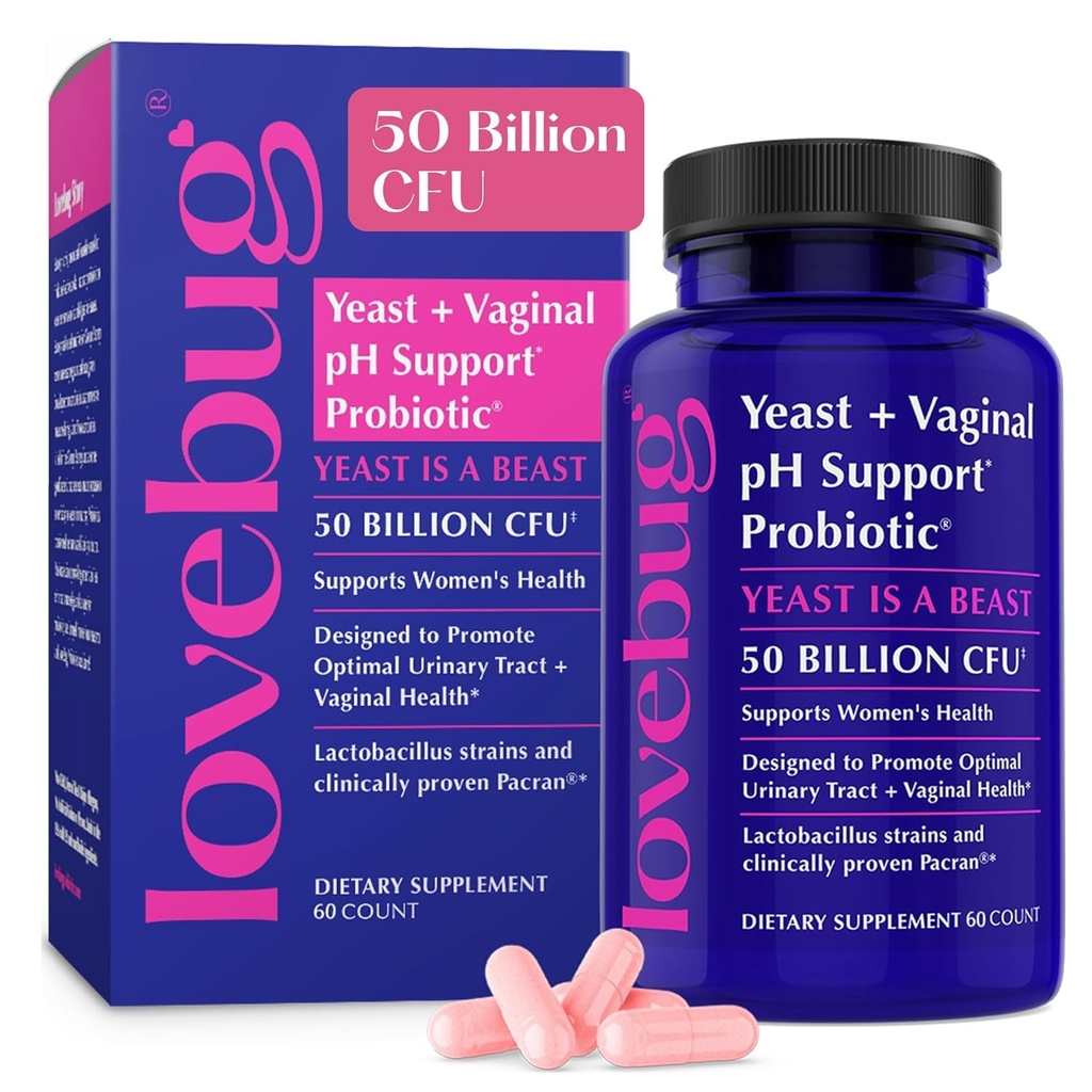 Lovebug Pärm ja vaginaalsed probiootikumid naistele pH tasakaal ja kuseteede, 50 miljardit CFU, UTI, BV, lõhna tugi Lactobacillus, Bifidobacterium, seedetrakti ja vaginaalse tervise täiendus 60 kapslit