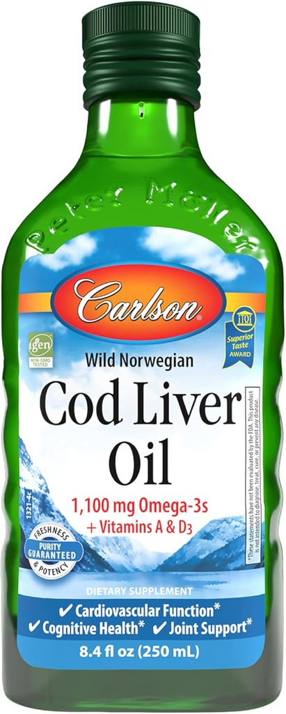 Carlson - tursamaksaõli 1100 mg Omega-3s Plus vitamiinid A & D3 - looduslikult püütud EPA DHA Omega 3 täiendus - Norra Arktika, jätkusuutlikult hangitud Põhjamaade kalaõli vedel, maitsestamata, 250 ml (8,4 Fl Oz)