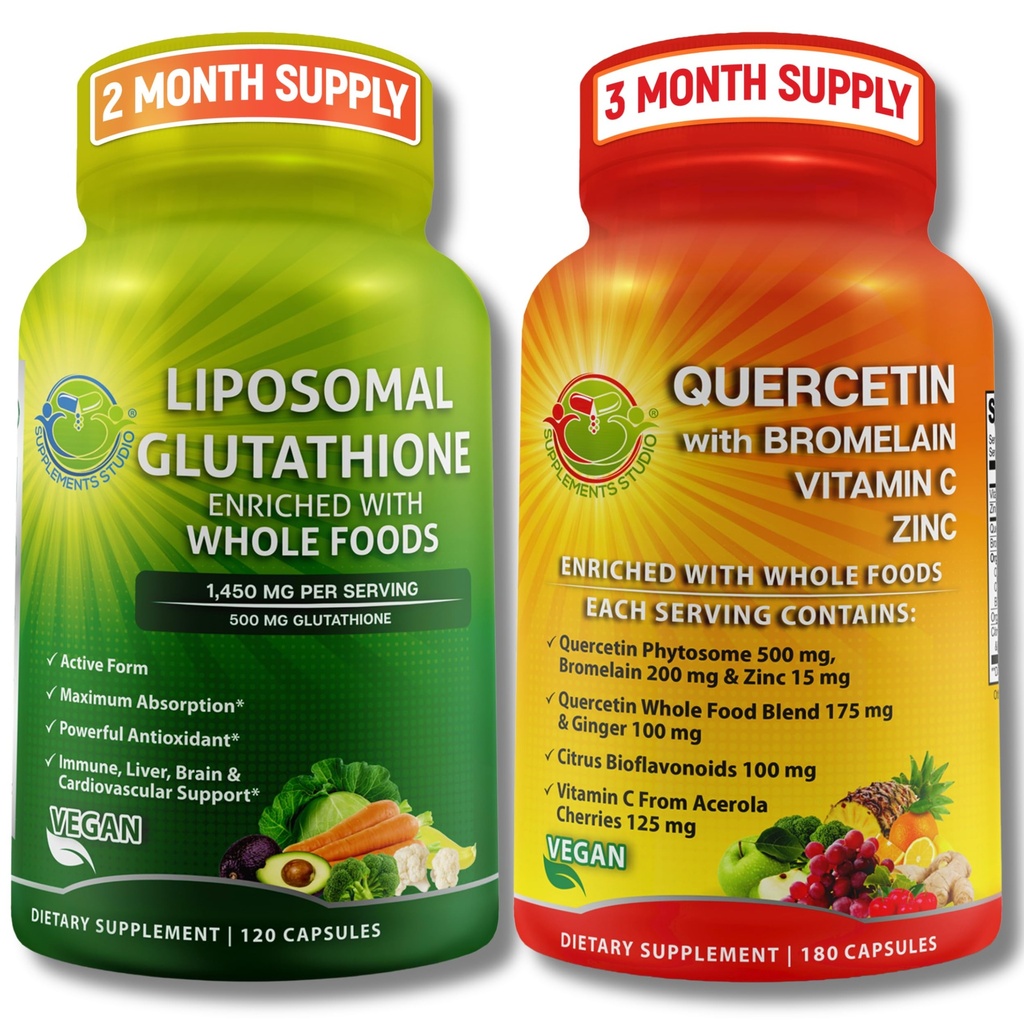 Liposomaalne glutatioon 500mg ja kvertsetiin koos bromelaiini, tsingi ja C-vitamiiniga – antioksüdantide ja immuunsuse tugipakett orgaanilise kogu toidu segudega – vegan, mitte-GMO respiratoorne tervise valem