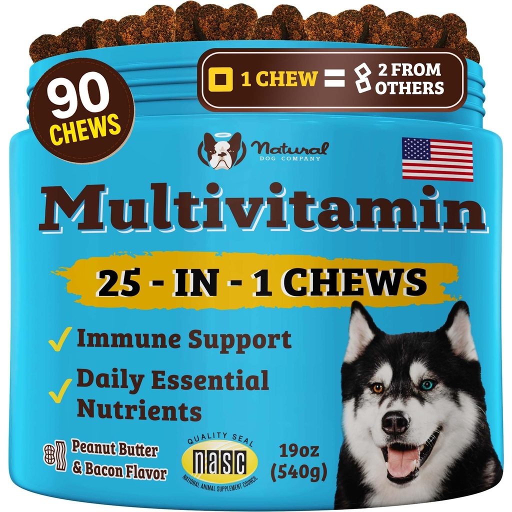 Natural Dog Company 25-in-1 multivitamiini närimiskoogid koertele - igapäevased pehmed koera vitamiinid antioksüdantidega, tsink ja foolhape - toetab liigeseid, nahka ja katet, immuunsüsteemi ja südame tervist - igas vanuses, kõik tõud