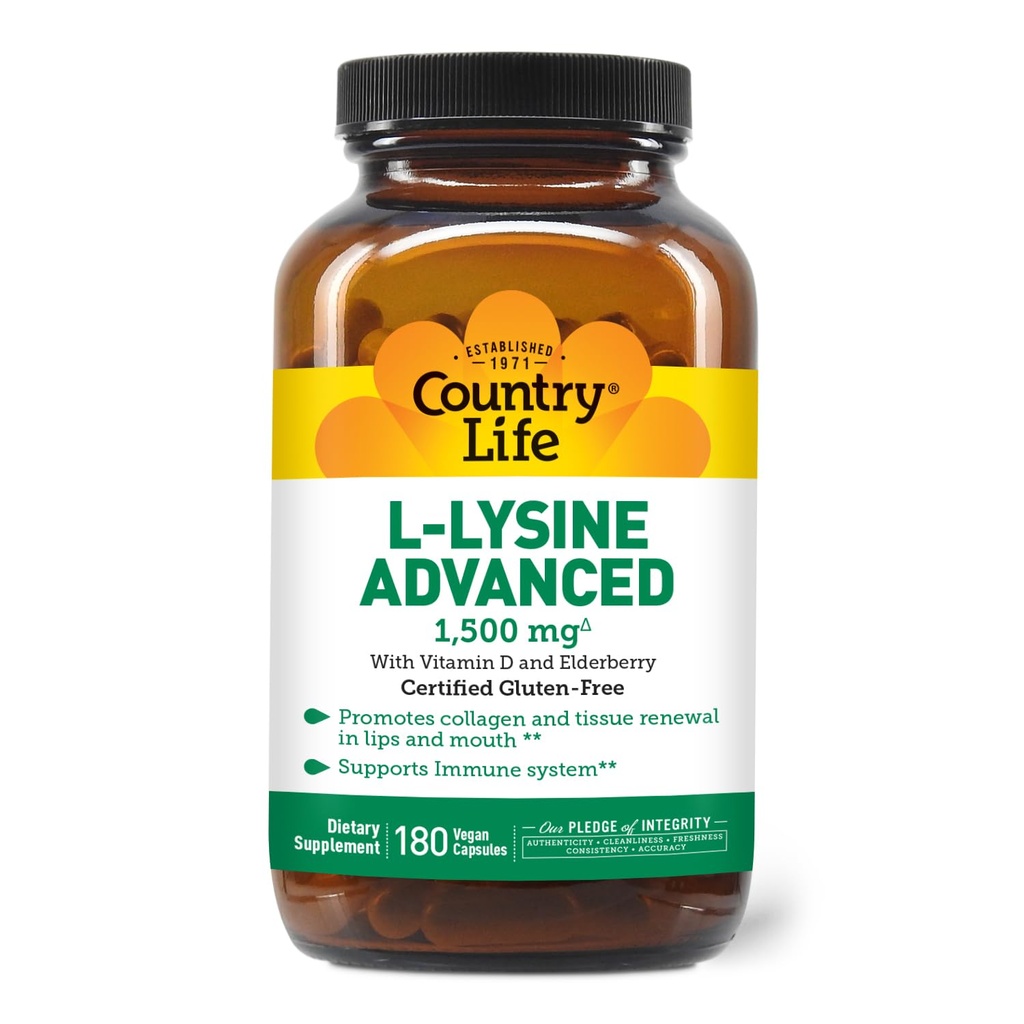 Country Life L-Lysine 1500mg Kapslid D-vitamiini ja Elderberry - Advanced Immune Support ja kollageeni uuendamine - Sertifitseeritud Gluteenivaba & Vegan - 180 kapslit
