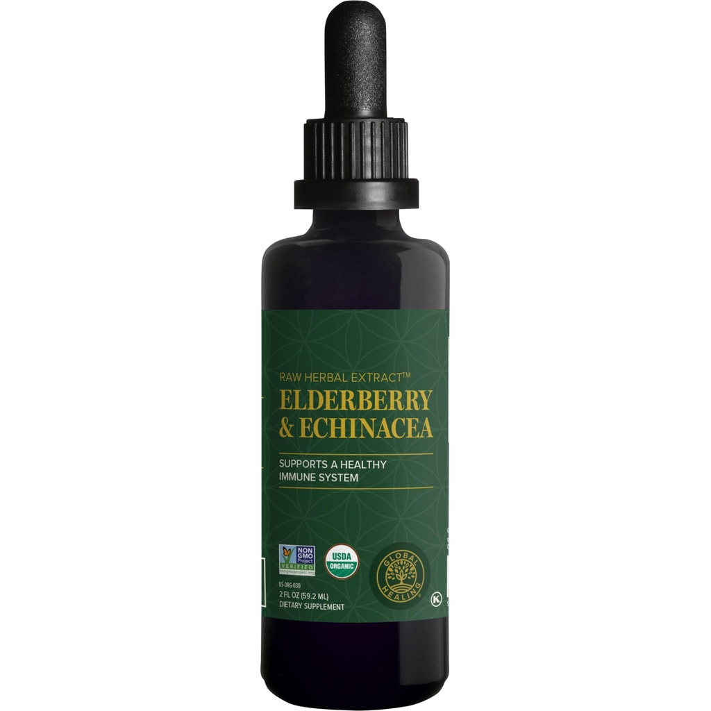 Global Healing USDA Organic Elderberry & Echinacea Vedelikulisandi tinktuur | Antioksüdant immuuntoetus kahjulike organismide vastu täiskasvanutele ja lastele, vegan, mitte-GMO, 1 kuu pakkumine (2 Oz)