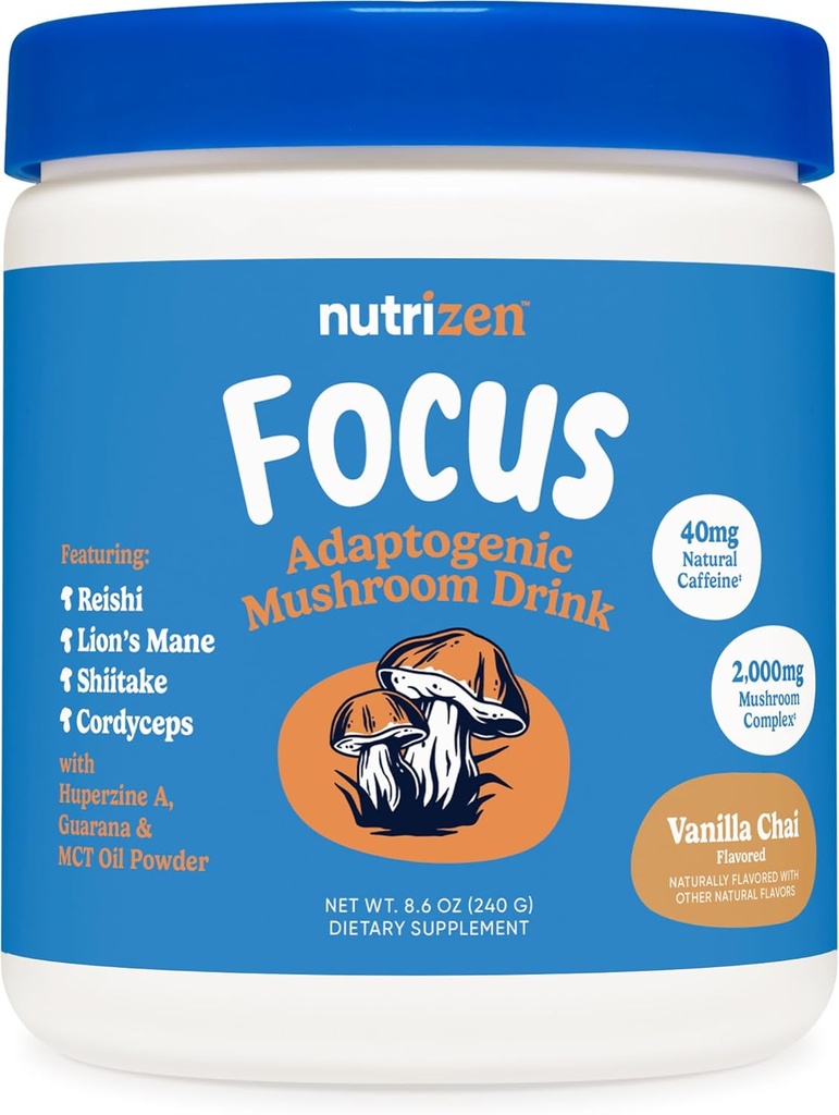Nutricost Nutrizen AM Focus Adaptogenic Seenejook (Vanilla Chai maitsestatud) 30 Servings - Sisaldab Reishi, Lõvi Mane, Shiitake, Cordyceps