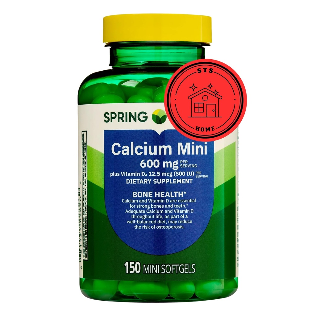 Spring Valley Calcium Plus Vitamiin D3 150 Mini Softgels | Kaltsiumilisand | CaIcium mini softgels | CaIcium 600 mg koos vitamiiniga d3 | 150 Mini Softgels + STS Sticker